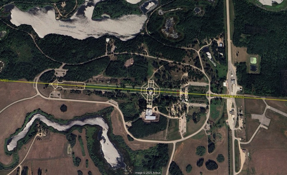 The International Peace Garden has been a long-standing symbol of peace between Canada and the United States since its opening in 1932. It's situated directly on the 49th parallel. (Google Earth)