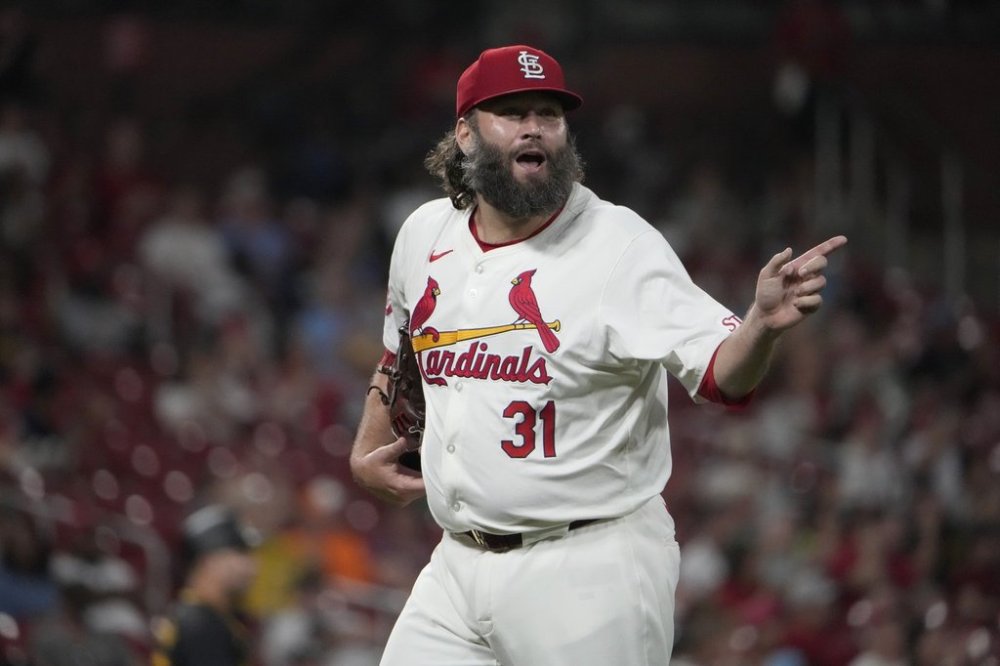 FILE - St. Louis Cardinals starting pitcher Lance Lynn celebrates after getting Pittsburgh Pirates' Rowdy Tellez to fly out ending the top of the sixth inning of a baseball game Tuesday, Sept. 17, 2024, in St. Louis. (AP Photo/Jeff Roberson, File)