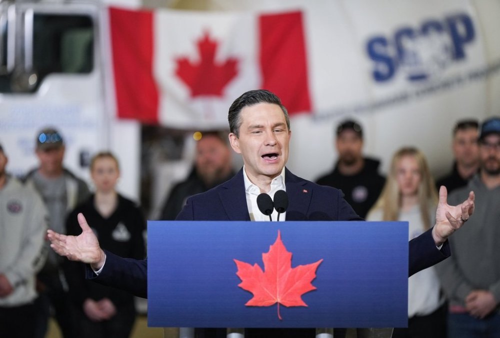 Conservative Leader Pierre Poilievre speaks during a campaign stop at South Okanagan Concrete Products, in Osoyoos, B.C., on Saturday, April 5, 2025. THE CANADIAN PRESS/Darryl Dyck