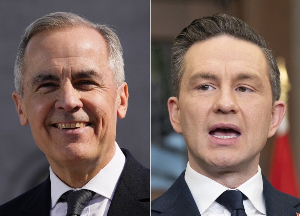 left to right, Prime Minister Mark Carney speaks in Ottawa on March 14, 2025, and Conservative Leader Pierre Poilievre speaks with media in Ottawa on Monday, Mar 10, 2025. THE CANADIAN PRESS/Justin Tang, Adrian Wyld