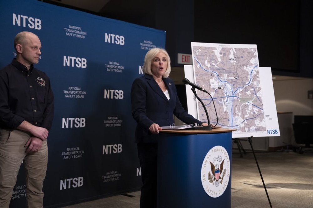National Transportation Safety Board (NTSB) Chairwoman Jennifer Homendy, accompanied by investigator in charge Brice Banning, left, speaks about the recent mid-air collision of an American Airlines flight and a Black Hawk helicopter near Ronald Reagan Washington National Airport, at a news conference in Washington, Tuesday, March 11, 2025. (AP Photo/Ben Curtis)