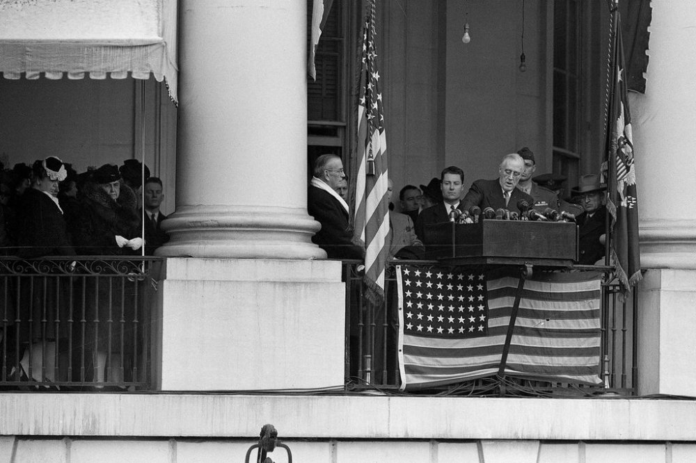 FE - Delivering a brief inaugural address from the portico of the White House, President Franklin D. Roosevelt calls for