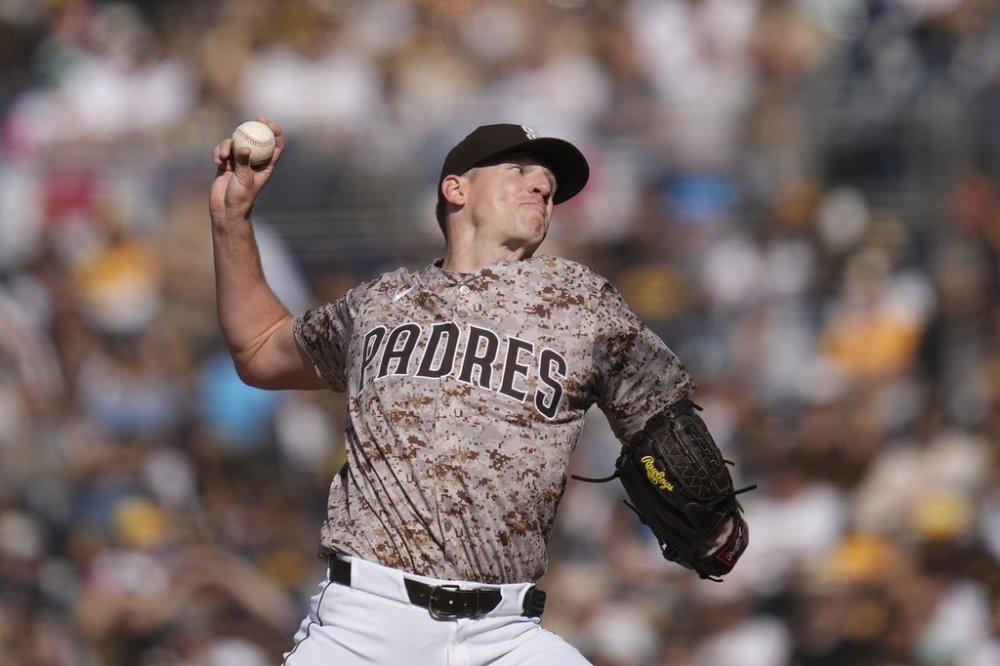 San Diego Padres starting pitcher Nick Pivetta works against an Atlanta Braves batter during the first inning of a baseball game Sunday, March 30, 2025, in San Diego. (AP Photo/Gregory Bull)
