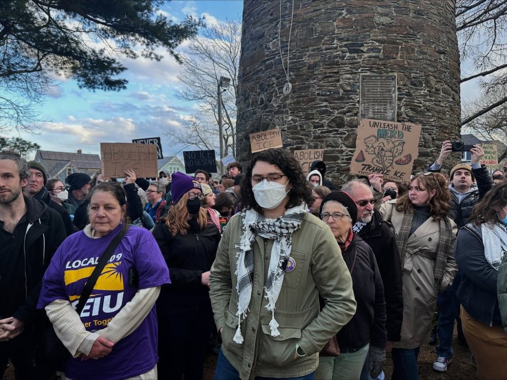 Hundreds of people gather on Wednesday, March 26, 2025 in Somerville, Mass. to demand the release of Rumeysa Ozturk, a Turkish student at Tufts University, who was arrested by federal agents Tuesday night. (AP Photo/Michael Casey)