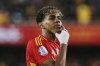 Spain's Lamine Yamal reacts after scoring his side third goal during the UEFA Nations League quarterfinal second leg match between the Netherlands and Spain at Mestalla stadium in Valencia, Spain, Sunday, March 23, 2025. (AP Photo/Alberto Saiz)