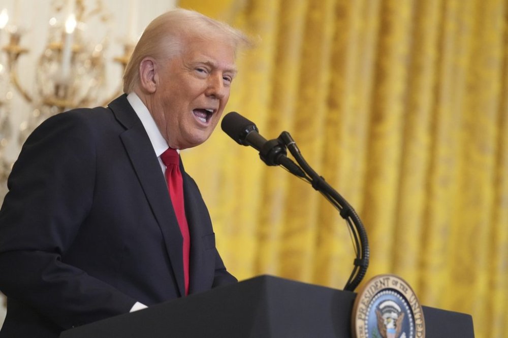 President Donald Trump speaks at a reception celebrating Women's History Month in the East Room of the White House, Wednesday, March 26, 2025, in Washington. (AP Photo/Jacquelyn Martin)