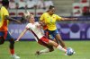 Canada's Janine Sonis, left, fouls Colombia's Manuela Vanegas during a women's Group A soccer match between Colombia and Canada, at the 2024 Summer Olympics, Wednesday, July 31, 2024, at the Nice Stadium in Nice, France. Canada will host Argentina in B.C. in a pair of women's international soccer friendlies during the April FIFA international window. THE CANADIAN PRESS/AP-Julio Cortez