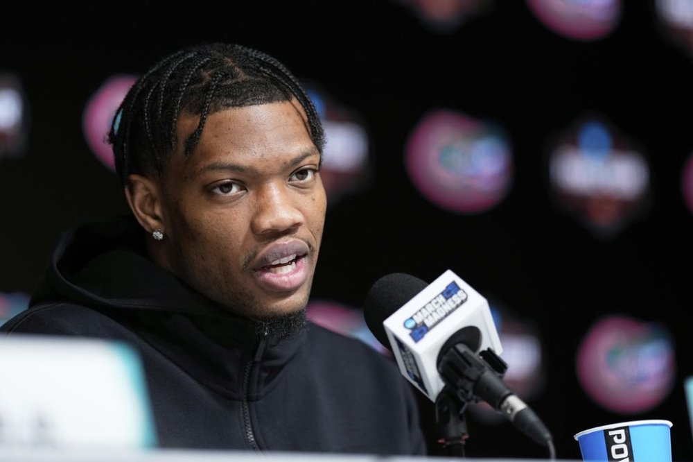 Florida guard Alijah Martin speaks during a news conference at the Final Four of the NCAA college basketball tournament, Sunday, April 6, 2025, in San Antonio. (AP Photo/David J. Phillip)