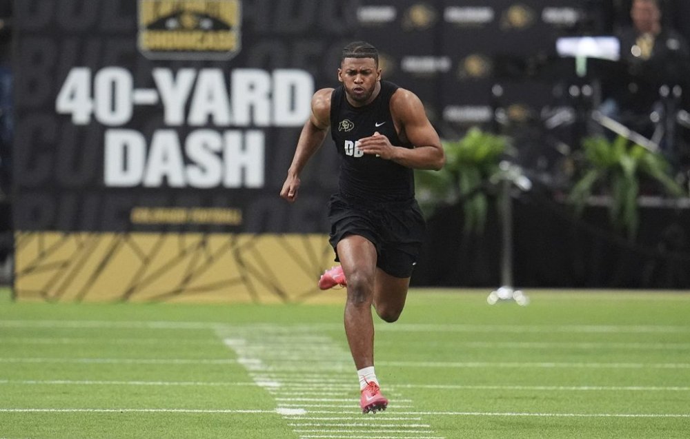 Colorado safety Shilo Sanders runs the 40-yard dash during Colorado's NFL football pro day Friday, April 4, 2025, in Boulder, Colo. (AP Photo/David Zalubowski)