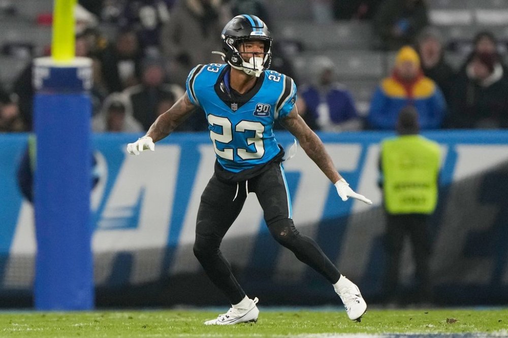 FILE - Carolina Panthers cornerback Dane Jackson (23) follows the action during an NFL football game against the New York Giants at Allianz Arena in Munich, Germany, Sunday, Nov. 10, 2024. (AP Photo/Steve Luciano, File)