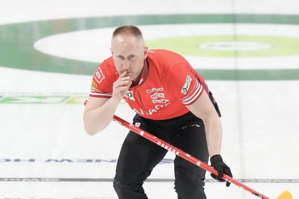 Canada skip Brad Jacobs watches his stone during BKT World Men's Curling Championship action against Scotland in Moose Jaw, Sask., on Monday, March 31, 2025. THE CANADIAN PRESS/Chris Young