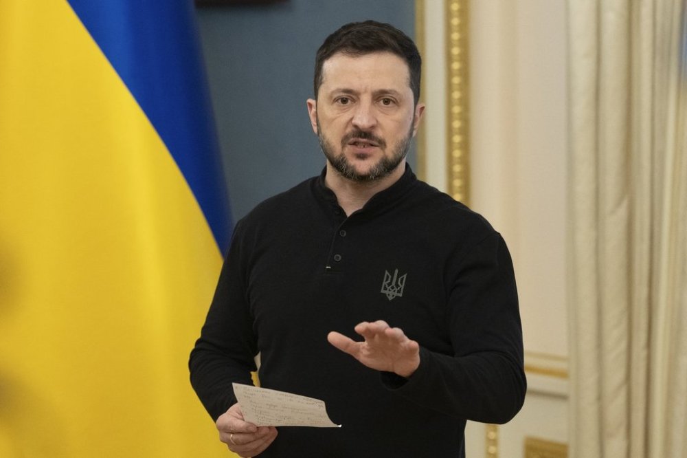 Ukrainian President Volodymyr Zelenskyy speaks during a briefing in Kyiv, Ukraine, Saturday, March 15, 2025. (AP Photo)