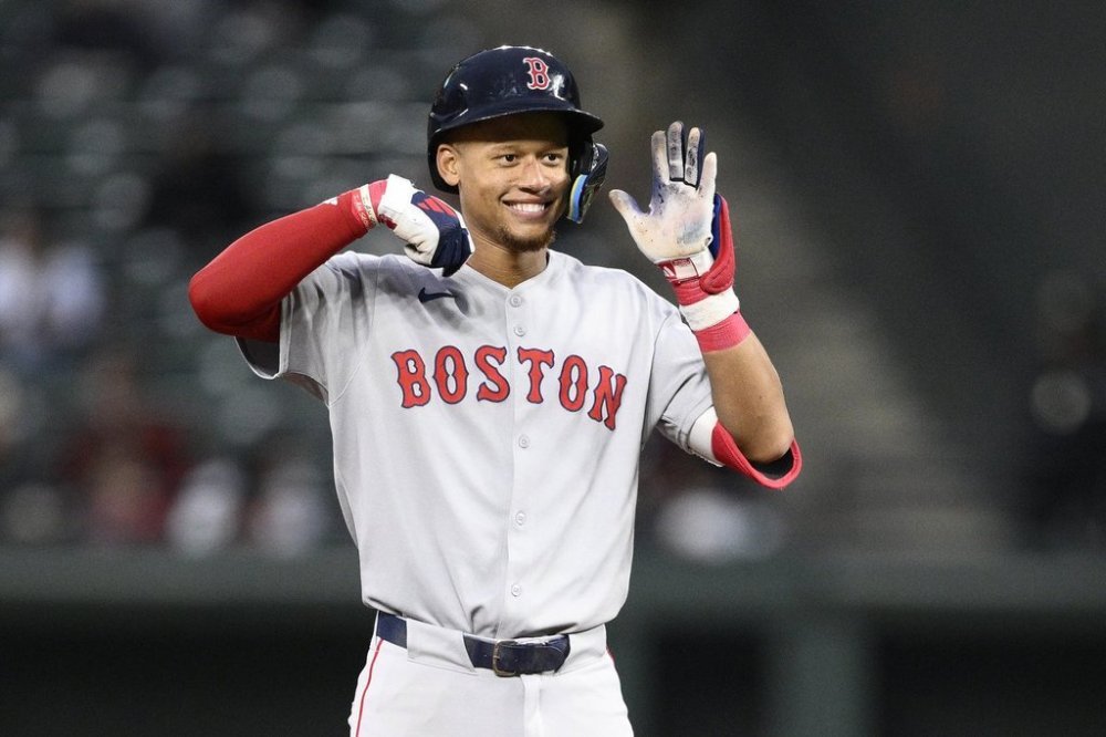 Boston Red Sox's Kristian Campbell gestures as he stands on second base after he doubled during the second inning of a baseball game against the Baltimore Orioles, Wednesday, April 2, 2025, in Baltimore. (AP Photo/Nick Wass)