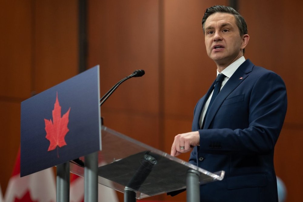 Conservative Leader Pierre Poilievre speaks during a news conference in New Westminster B.C., on Sunday, April 6, 2025. THE CANADIAN PRESS/Ethan Cairns