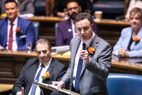 MIKAELA MACKENZIE / FREE PRESS
	

Finance minister Adrien Sala reads the budget speech in the legislative chamber at the Manitoba Legislative Building on Thursday, March 20, 2025.

For budget stories.
Winnipeg Free Press 2025