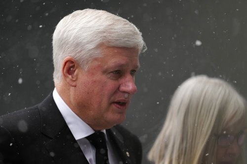Former prime minister Stephen Harper arrives at a funeral service in Montreal on Saturday, March 23, 2024. THE CANADIAN PRESS/Sean Kilpatrick
