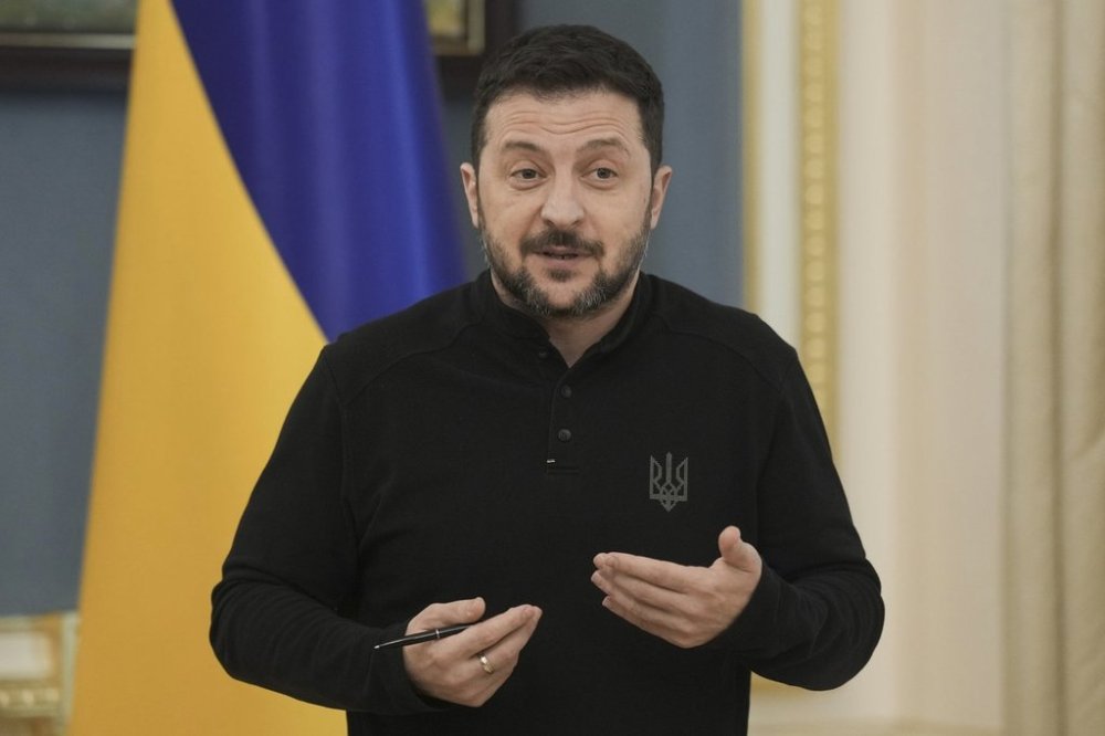 Ukrainian President Volodymyr Zelenskyy speaks during a briefing in Kyiv, Ukraine, Friday, March 28, 2025. (AP Photo/str)
