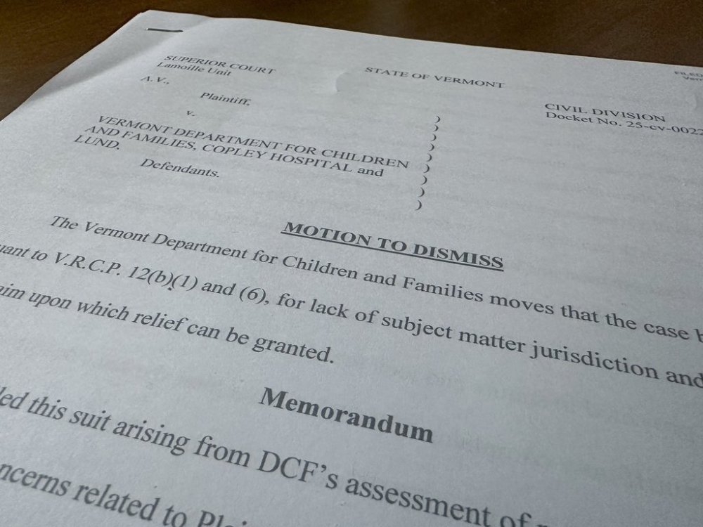 This March 26, 2025, photo shows the Vermont Department for Children and Family's motion to dismiss a lawsuit that alleges that the state routinely targets and tracks pregnant women deemed unsuitable for parenthood. (AP Photo/Holly Ramer)