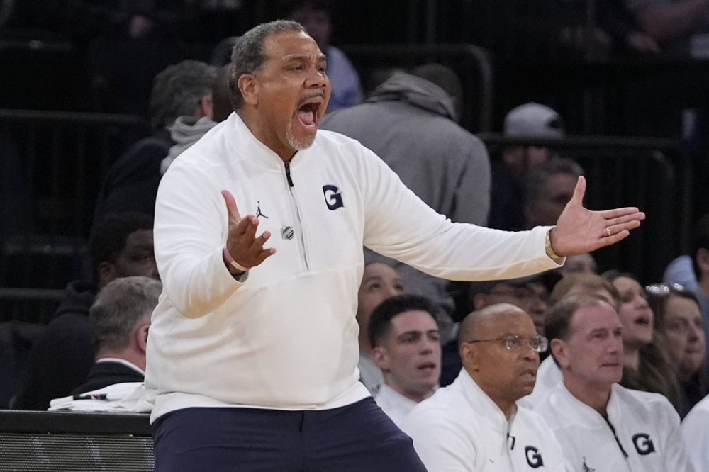 Georgetown head coach Ed Cooley reacts during the first half of an NCAA college basketball game against DePaul at the Big East basketball tournament Wednesday, March 12, 2025, in New York. (AP Photo/Frank Franklin II)