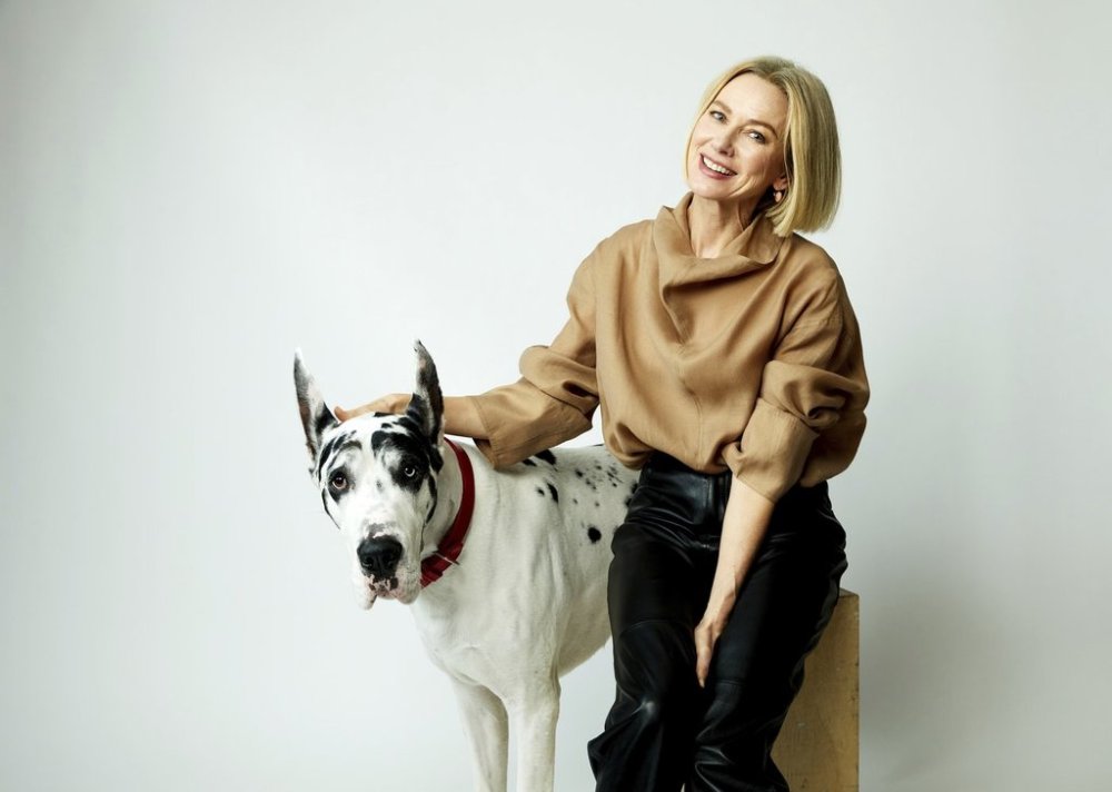 Actor Naomi Watts poses for a portrait with her Great Dane co-star Bing, to promote the film