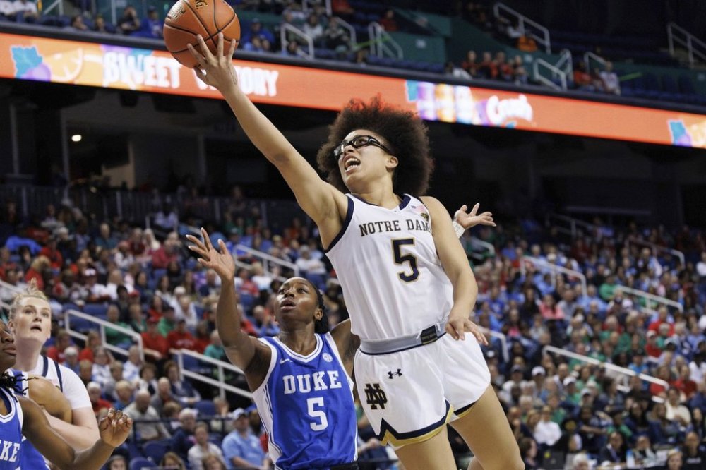 Notre Dame's Olivia Miles, right, attempts a shot ahead of Duke's Oluchi Okananwa, left, during the first half of an NCAA college basketball game in the semifinals of the Atlantic Coast Conference tournament in Greensboro, N.C., Saturday, March 8, 2025. (AP Photo/Ben McKeown)