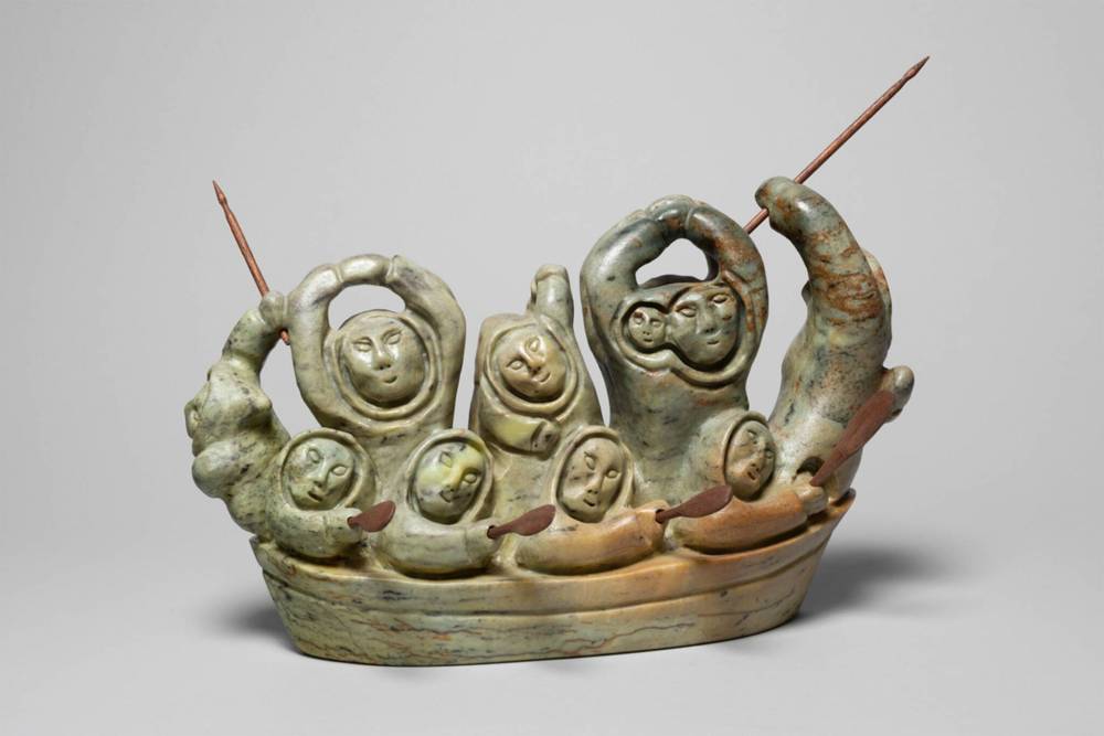 People in a Boat, 2006 green/brown stone, wood by Jonasie Faber Quarqortoq Canadian (Qaqortoq; Mission B.C.), b. 1944 People in a Boat, 2006 green/brown stone, wood Collection of the Winnipeg Art Gallery; Gift of Bob and Marlene Stafford, 2012-74 Photo: Ernest Mayer, courtesy of the Winnipeg Art Gallery