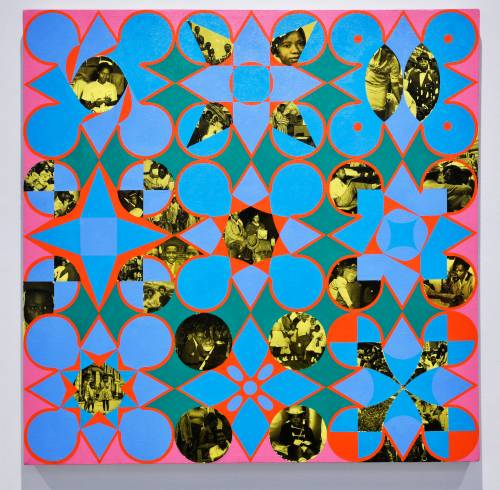 Chukwudubem Ukaigwe’s Untitled (Windrush 1), 2023-2024, oil paint and gel image transfer on canvas.