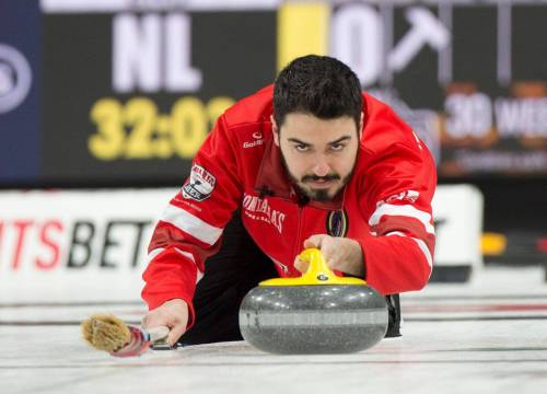 Kelowna BC.March 3, 2025.Montana&rsquo;s Brier.Team NL, skip Ty Dilello, during draw 7 against team NU.Curling Canada/ Michael Burns Photo