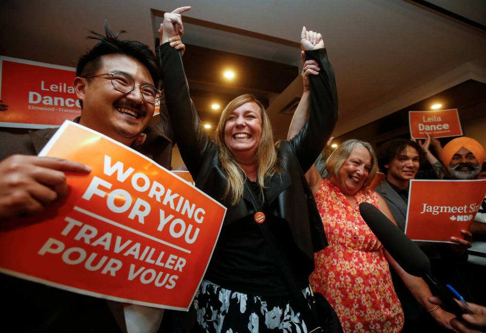 Leila Dance celebrates with family and friends after winning the Elmwood-Transcona byelection on Sept. 16, 2024. (John Woods / Free Press files)