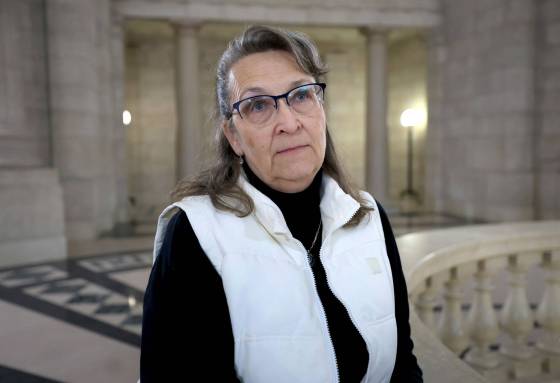Mother of Kellie Verwey, Meechelle Best, talks to the media in the rotunda during a break in the question period session. (Ruth Bonneville / Free Press)