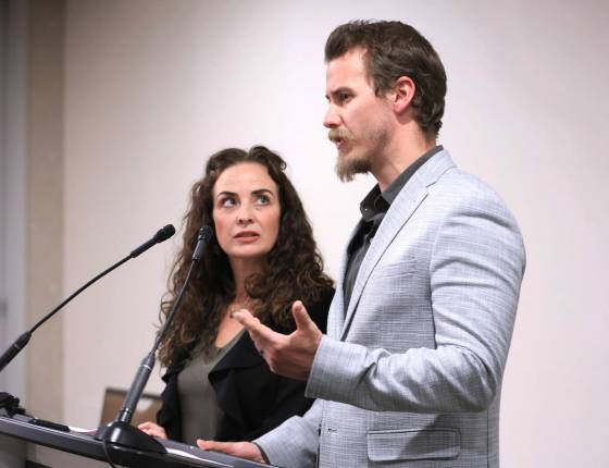 Debbie Fewster's children, Colleen Dyck and Daniel Fewster, held a news conference Wednesday to call for changes in Manitoba's health-care system. (Ruth Bonneville / Free Press)
