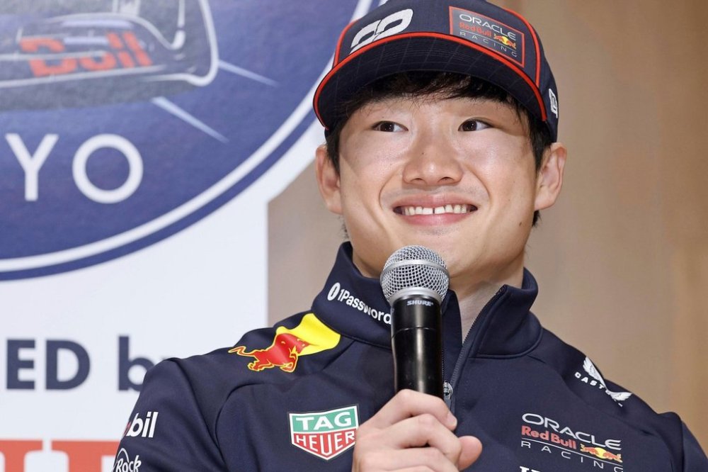 Red Bull driver Yuki Tsunoda of Japan smiles during a press conference in Tokyo, ahead of the Japanese Formula 1 Grand Prix, Wednesday, April 2, 2025.(Kyodo News via AP)