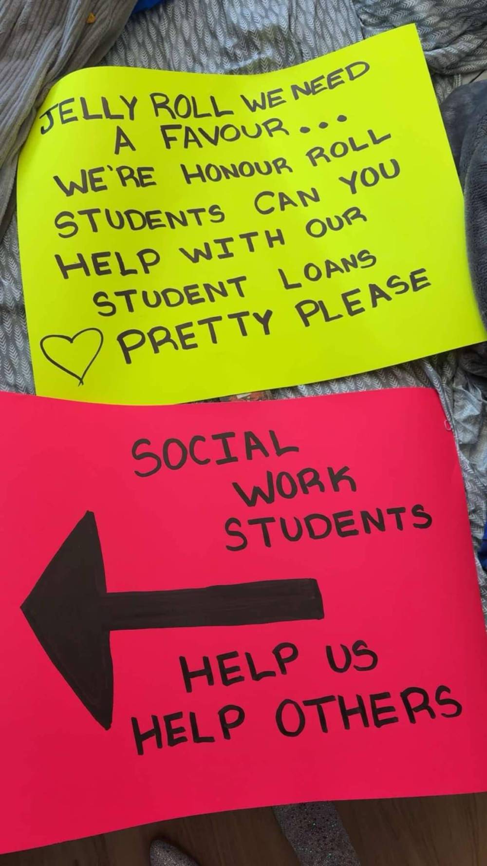 SUPPLIED
Signs that Knott and Courchene made for the Jelly Roll show.