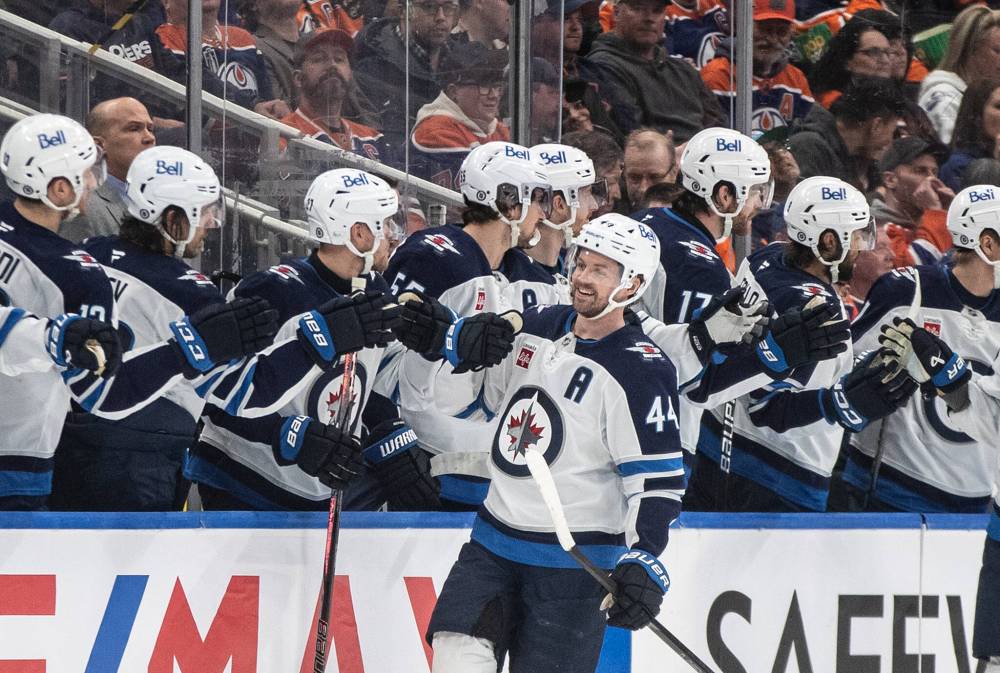 Jason Franson / THE CANADIAN PRESS
Winnipeg Jets’ Josh Morrissey celebrates his second-period goal against the Edmonton Oilers in Edmonton on Thursday.