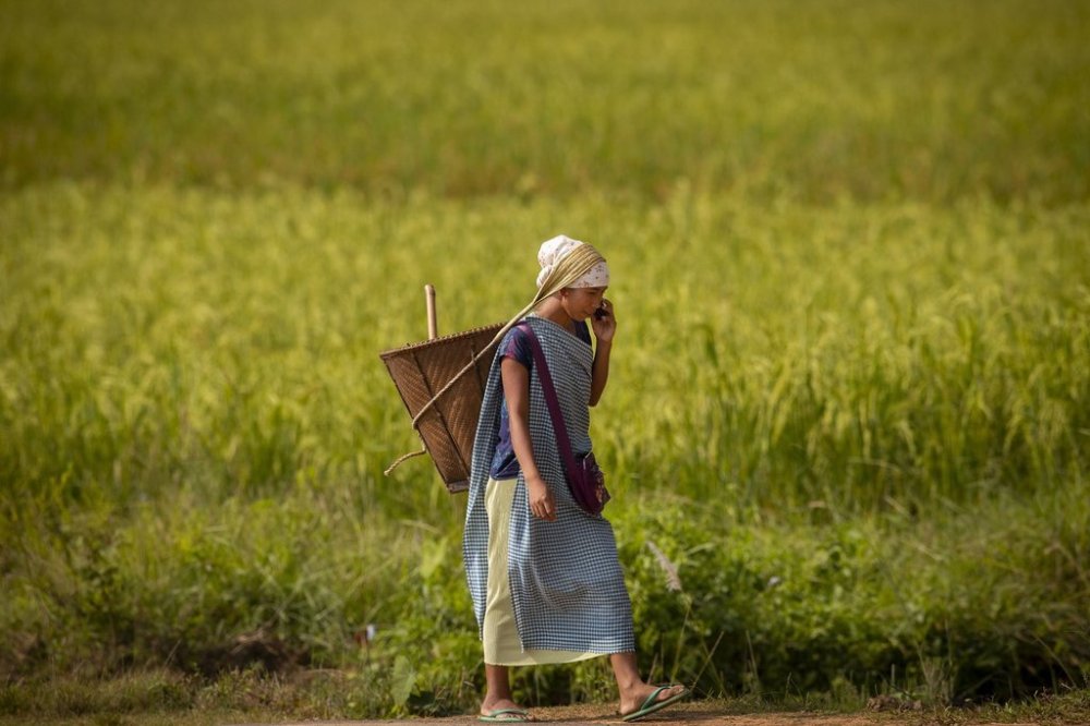 FILE -An ethnic Khasi woman carrying a traditional bamboo basket on her back talks on her mobile phone as returns home after working in a paddy field in Umwang village, along the Assam-Meghalaya state border, India, Oct. 27, 2021. (AP Photo/Anupam Nath, File)