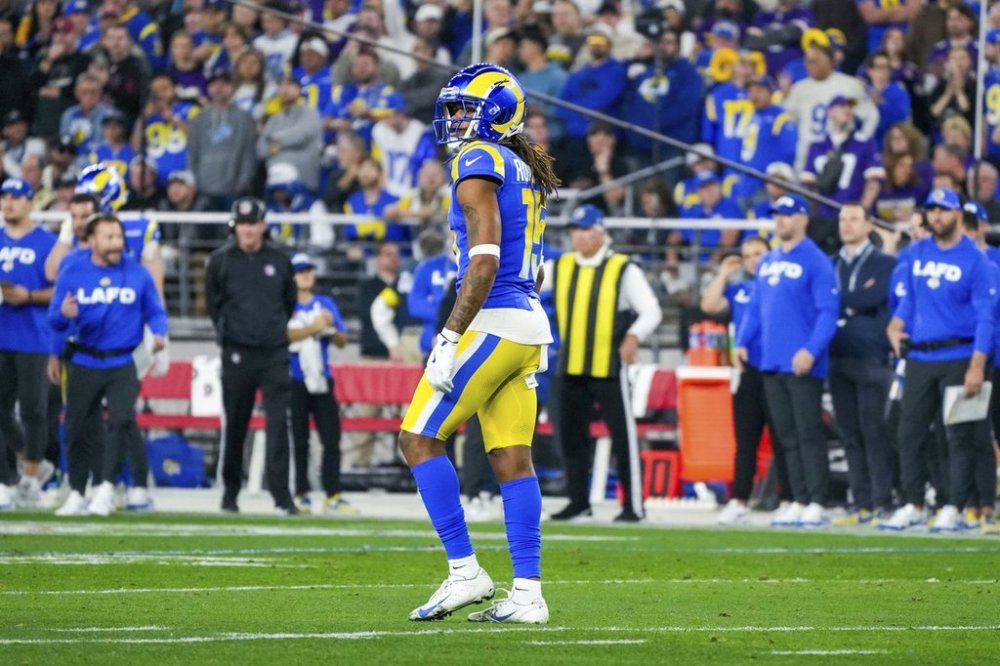 FILE - Los Angeles Rams wide receiver Demarcus Robinson (15) during the first half of an NFL football wild card playoff game against the Minnesota Vikings, Jan. 13, 2025, in Glendale, Ariz.. (AP Photo/Samantha Chow, File)