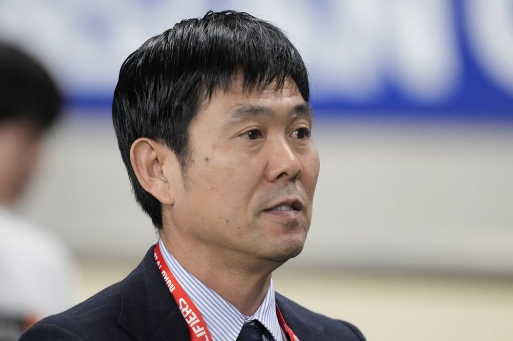 FILE - Japan's manager Hajime Moriyasu looks on before the start of the World Cup 2026 Group C qualifying soccer match between Australia and Japan at Saitama Stadium in Saitama, Japan, Tuesday, Oct. 15, 2024. (AP Photo/Eugene Hoshiko,File)