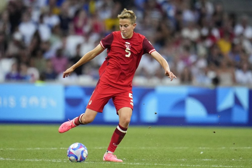 Canada's Quinn participates in a women's quarterfinal soccer match between Canada and Germany at the 2024 Summer Olympics, Saturday, Aug. 3, 2024, at Marseille Stadium in Marseille, France. Germany won 4-2 (0-0) in penalty kicks. (AP Photo/Julio Cortez)