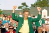 FILE - Germany's Bernhard Langer celebrates his 1993 Masters Tournament win Sunday, April 11, 1993 after getting his Green Jacket at the Augusta National Golf Club in Augusta, Ga. (AP Photo/Ed Reinke)