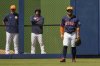 FILE - Houston Astros' Jose Altuve takes up his position in left field during the third inning of a spring training baseball game against the St. Louis Cardinals Friday, Feb. 28, 2025, in West Palm Beach, Fla. (AP Photo/Jeff Roberson, File)