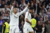 Real Madrid's Kylian Mbappe celebrates after scoring during a Spanish La Liga soccer match between Real Madrid and Leganes at the Santiago Bernabeu stadium in Madrid, Spain, Saturday, March 29, 2025. (AP Photo/Manu Fernandez)