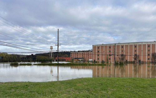 The Buffalo Trace Distillery in Frankfort, Ky., is seen amid floodwaters on Monday, April 7, 2025. (AP Photo/Kristin M. Hall)