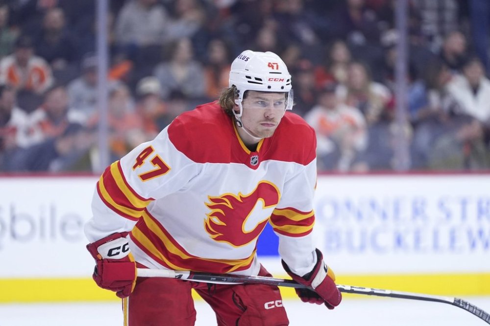 Calgary Flames forward Connor Zary plays during an NHL game on Tuesday, March 4, 2025, in Philadelphia. (AP Photo/Matt Slocum)