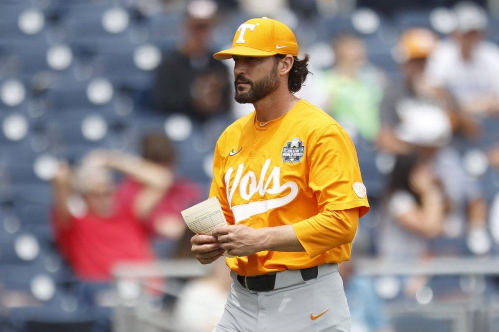FILE - Tennessee head coach Tony Vitello pictured before an NCAA College World Series baseball game against Florida State on Wednesday, June 19, 2024, in Omaha, Neb. (AP Photo/Mike Buscher, File)