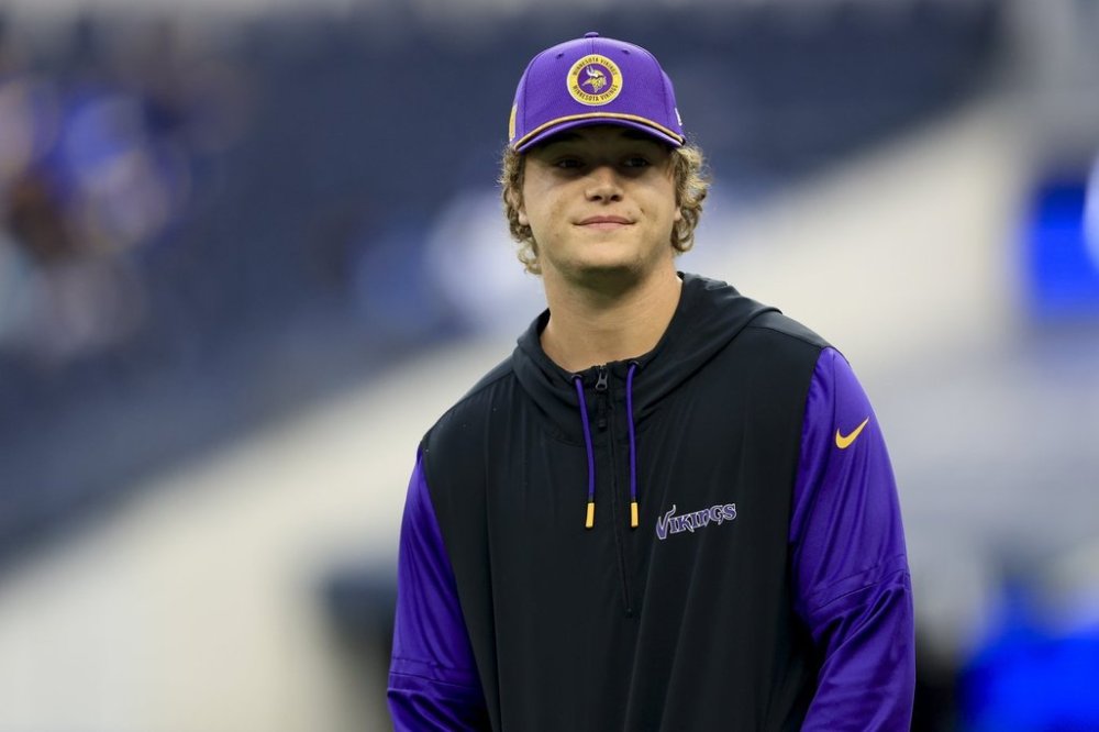 FILE - Minnesota Vikings quarterback JJ McCarthy stands before an NFL football game against the Los Angeles Rams Oct. 24, 2024, in Inglewood, Calif. (AP Photo/Ryan Sun, File)