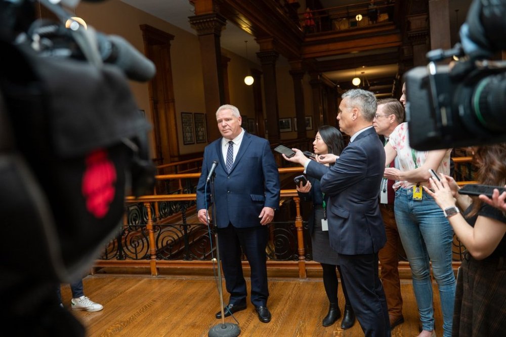Ontario Premier Doug Ford speaks to media at Queen’s Park in Toronto, on Thursday, April 3, 2025. THE CANADIAN PRESS/Laura Proctor
