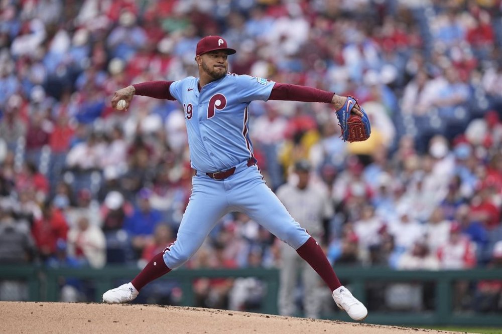 Philadelphia Phillies' Taijuan Walker pitches during the second inning of a baseball game against the Colorado Rockies, Thursday, April 3, 2025, in Philadelphia. (AP Photo/Matt Rourke)