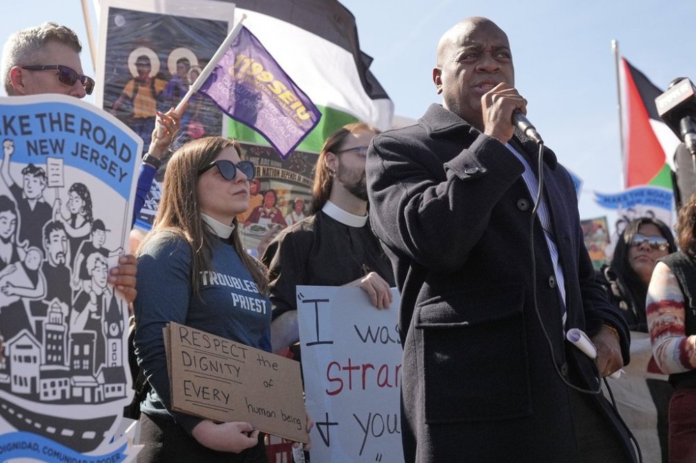 Newark mayor and gubernatorial candidate Ras Baraka speaks during a protest in front of of Delaney Hall, the proposed site of an immigrant detention center, in Newark, N.J., Tuesday, March 11, 2025. (AP Photo/Seth Wenig)