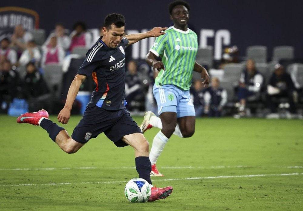 San Diego FC midfielder Chucky Lozano scores a goal against the Seattle Sounders during an MLS soccer match Saturday, April 5, 2025, in San Diego. (Meg McLaughlin/The San Diego Union-Tribune via AP)