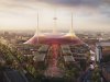 This undated and computer-generated picture, issued by Manchester United, shows an exterior view of the planned new Manchester United stadium. (Foster + Partner via AP)